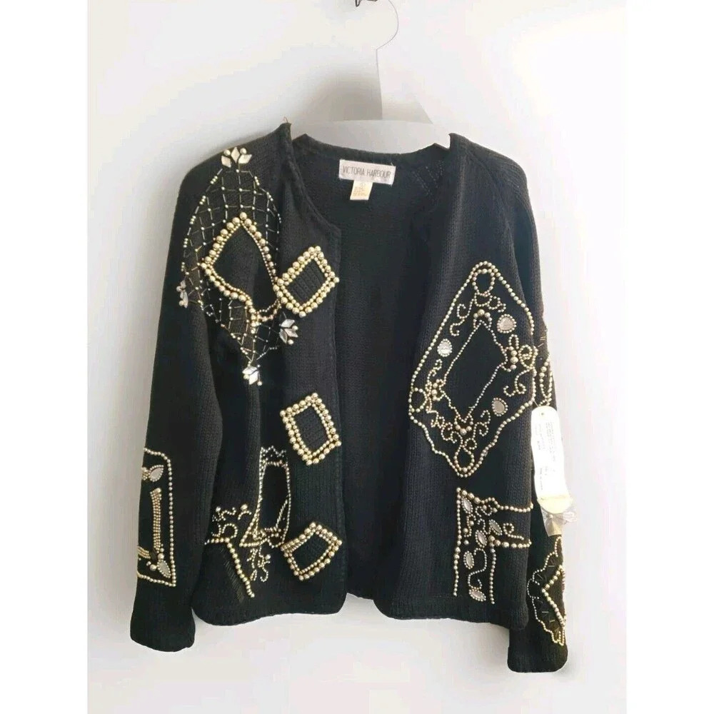 Victoria Harbour Cardigan Women's Large Black Gold Bead Embellished Knit NWT